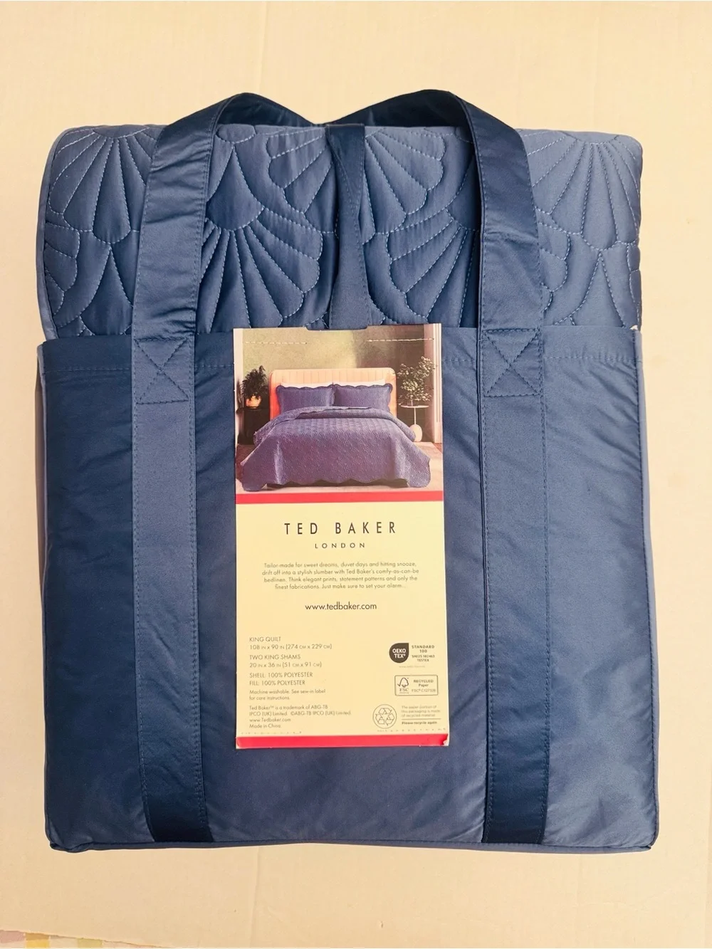 3pc TED BAKER Deco Shell Sapphire Blue Quilt Set-Scalloped Edges- King- 108